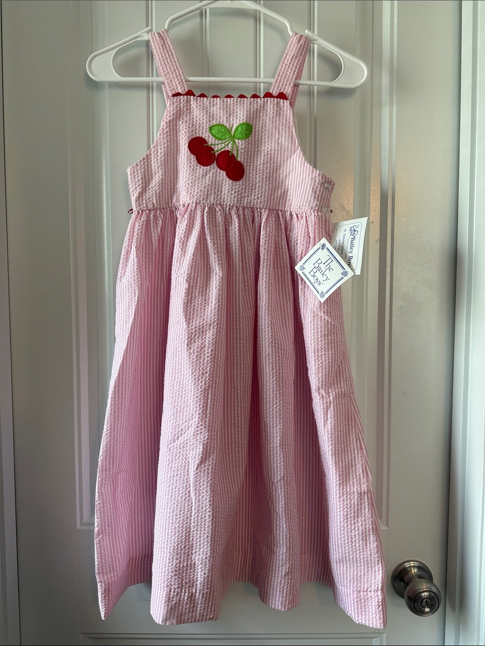 Brand New Pink Seersucker Cherry Pinafore Dress for Girls